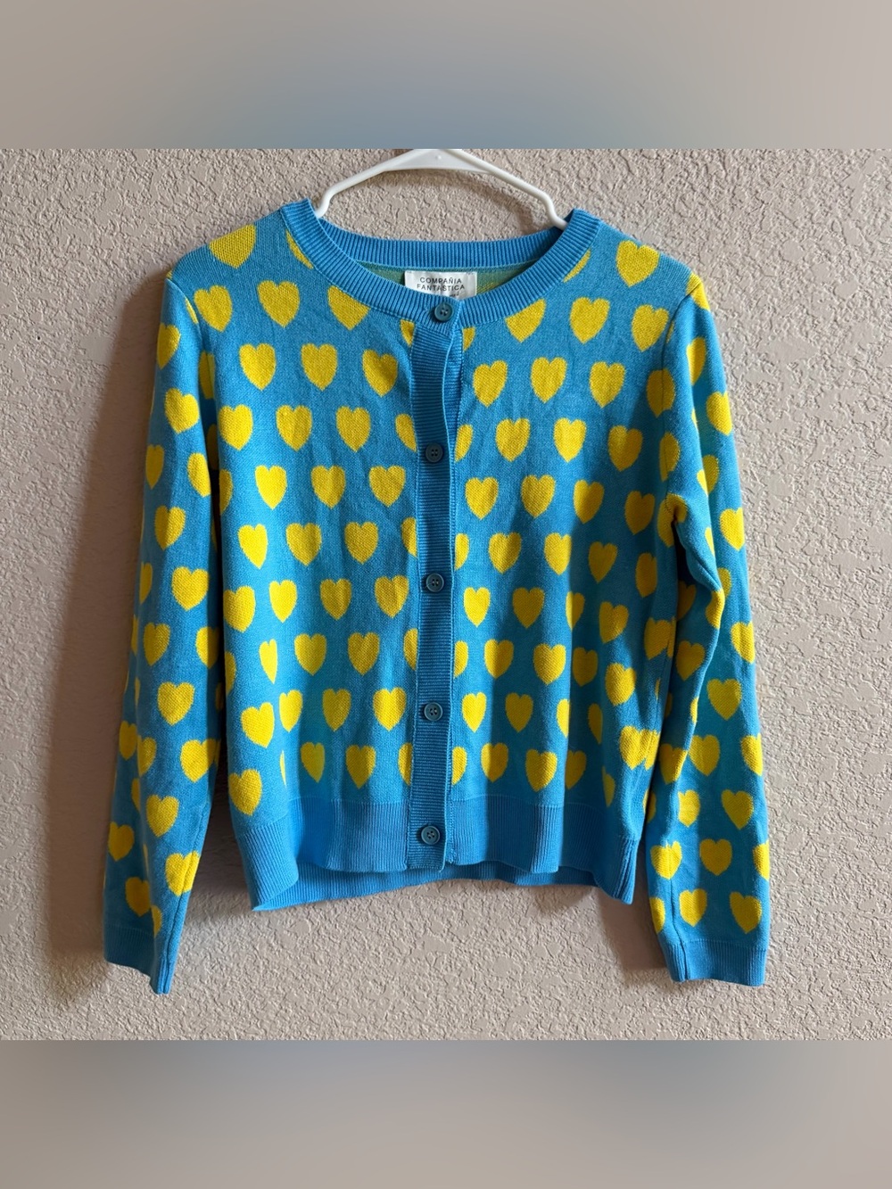 compania‎ fantastica heart sweater women’s size medium blue yellow viscose cute